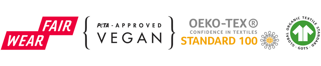 Dieses produkt ist Fair Wear, Peta Vegan Approved, OEKO-TEX Standard 100 und GOTS zertifiziert
