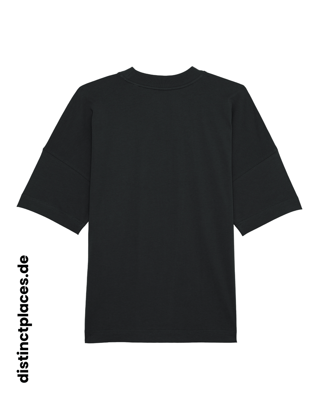 Schwarzes fairtrade, vegan und bio-baumwoll Oversized T-Shirt von hinten mit einem minimalistischem weißen Logo, beziehungsweise Wappen und Schriftzug für Baden-Wuerttemberg