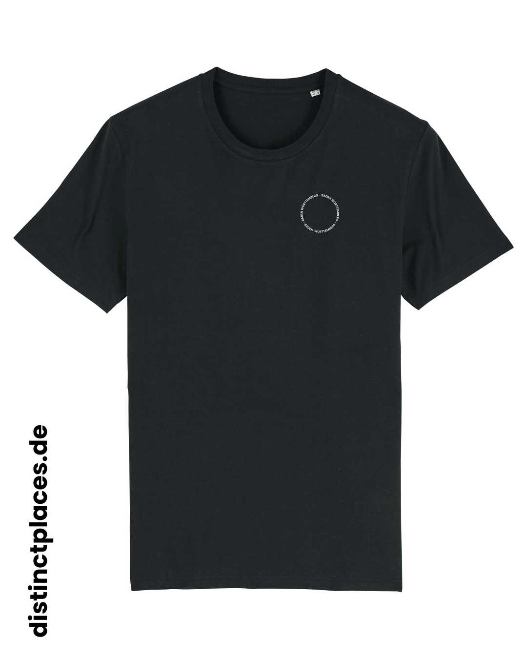 Schwarzes fairtrade, vegan und bio-baumwoll T-Shirt von vorne mit einem minimalistischem weißen Logo, beziehungsweise Schriftzug für Baden-Wuerttemberg