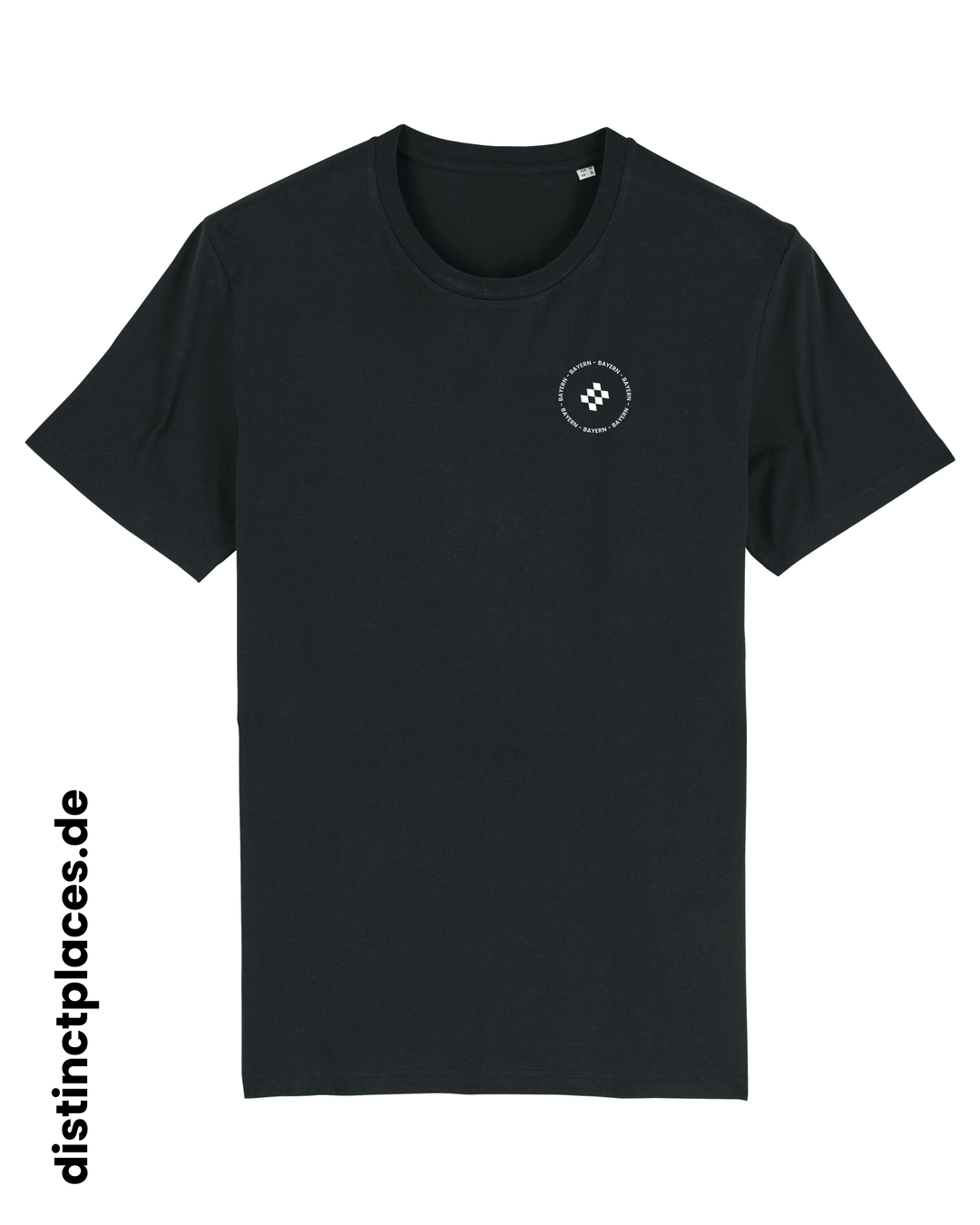 Schwarzes fairtrade, vegan und bio-baumwoll T-Shirt von vorne mit einem minimalistischem weißen Logo, beziehungsweise Wappen und Schriftzug für Bayern