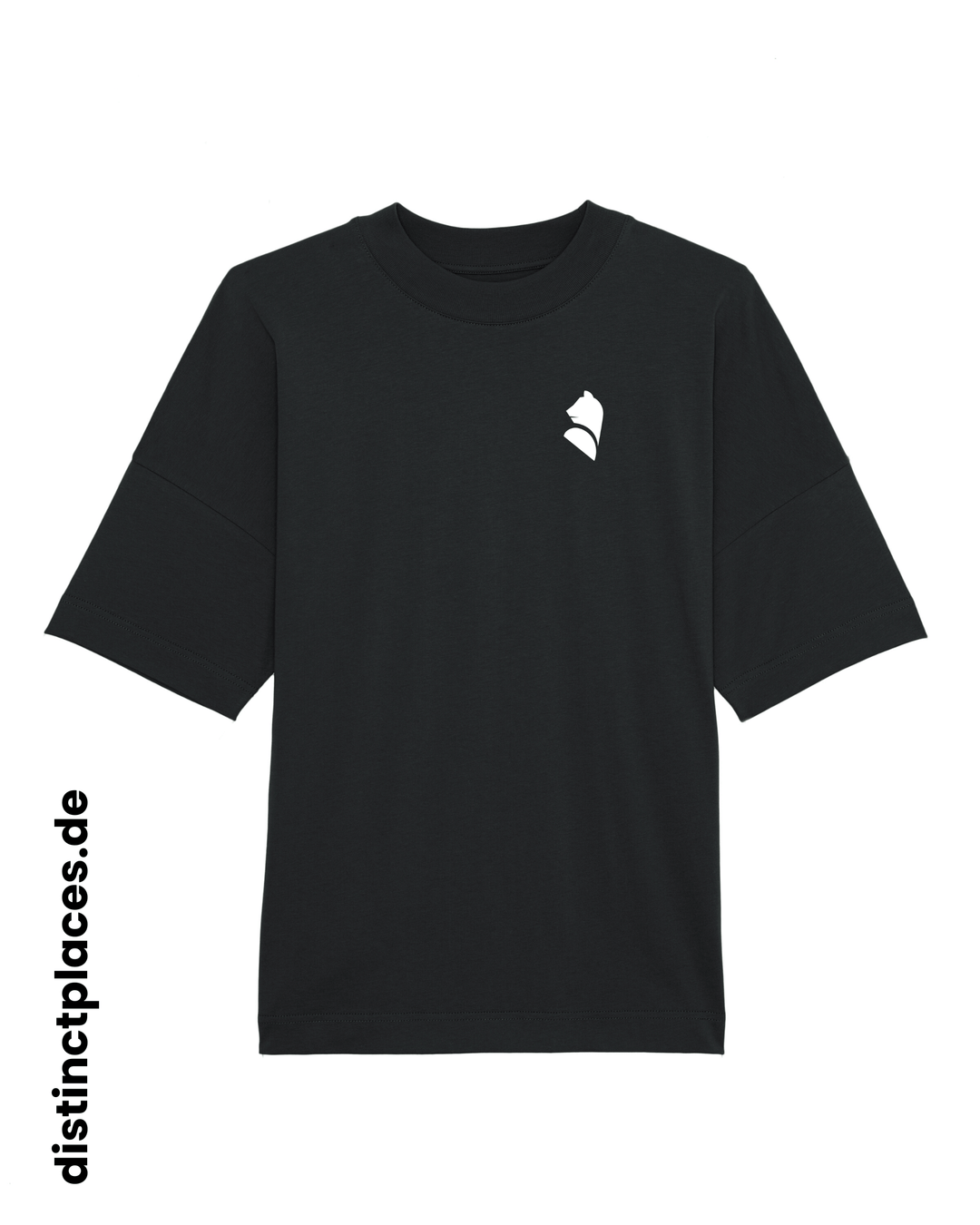 Schwarzes fairtrade, vegan und bio-baumwoll T-Shirt von vorne mit einem minimalistischem weißen Logo, beziehungsweise Wappen für Berlin