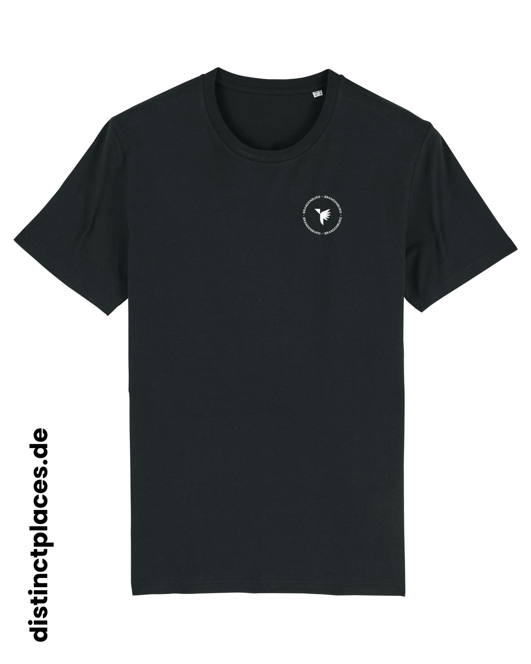 Schwarzes fairtrade, vegan und bio-baumwoll T-Shirt von vorne mit einem minimalistischem weißen Logo, beziehungsweise Wappen und Schriftzug für Brandenburg