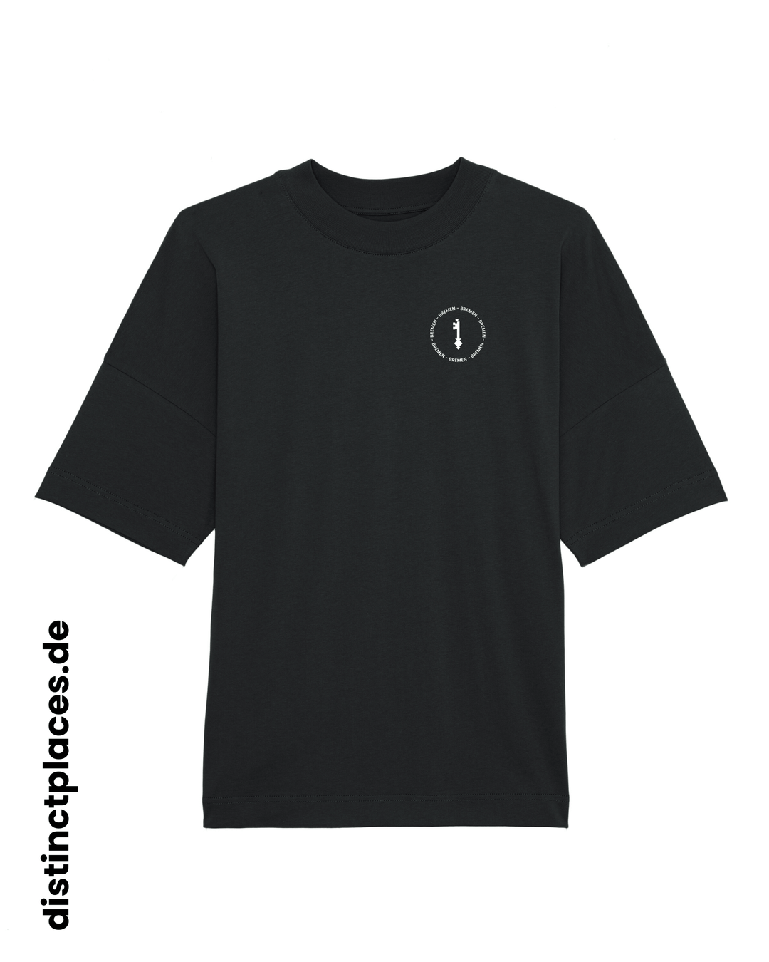 Schwarzes fairtrade, vegan und bio-baumwoll T-Shirt von vorne mit einem minimalistischem weißen Logo, beziehungsweise Wappen und Schriftzug für Bremen