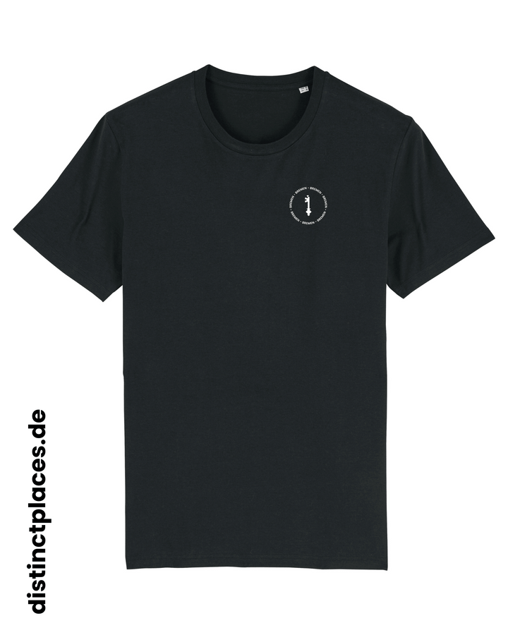Schwarzes fairtrade, vegan und bio-baumwoll T-Shirt von vorne mit einem minimalistischem weißen Logo, beziehungsweise Wappen und Schriftzug für Bremen