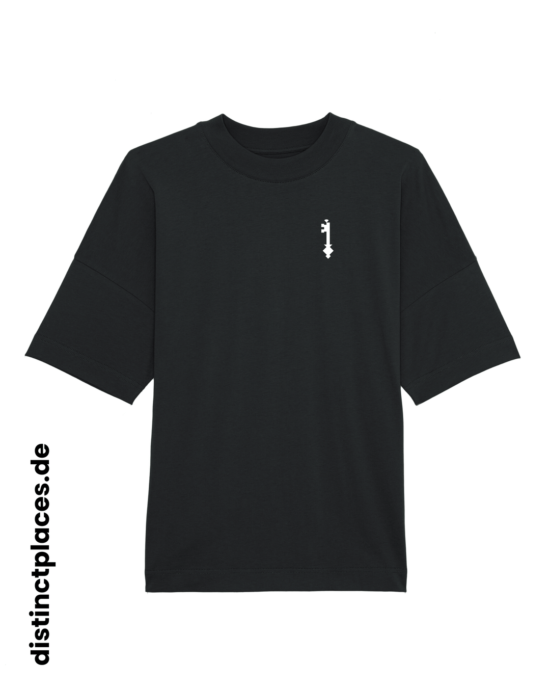 Schwarzes fairtrade, vegan und bio-baumwoll T-Shirt von vorne mit einem minimalistischem weißen Logo, beziehungsweise Wappen für Bremen