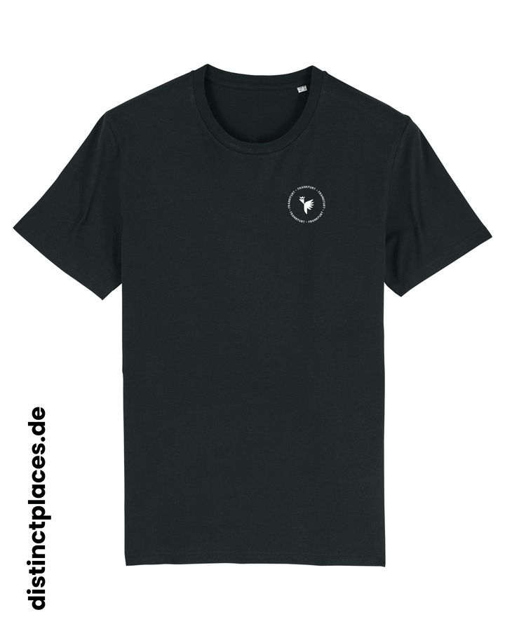 Schwarzes fairtrade, vegan und bio-baumwoll T-Shirt von vorne mit einem minimalistischem weißen Logo, beziehungsweise Wappen und Schriftzug für Frankfurt