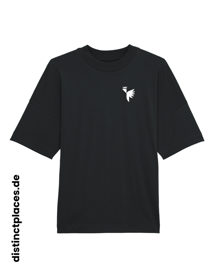 Schwarzes fairtrade, vegan und bio-baumwoll T-Shirt von vorne mit einem minimalistischem weißen Logo, beziehungsweise Wappen für Frankfurt