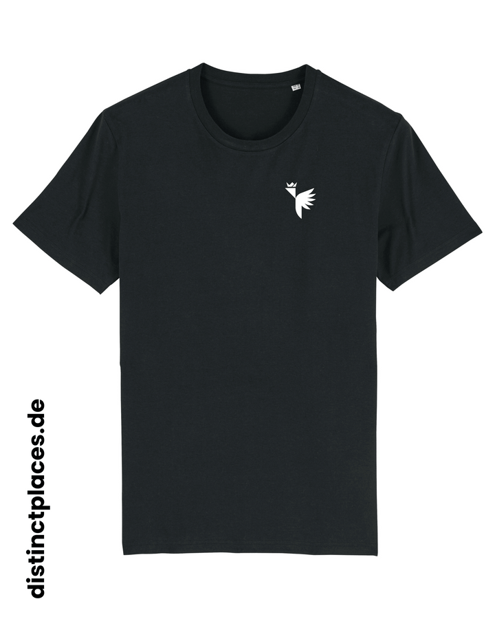 Schwarzes fairtrade, vegan und bio-baumwoll T-Shirt von vorne mit einem minimalistischem weißen Logo, beziehungsweise Wappen für Frankfurt