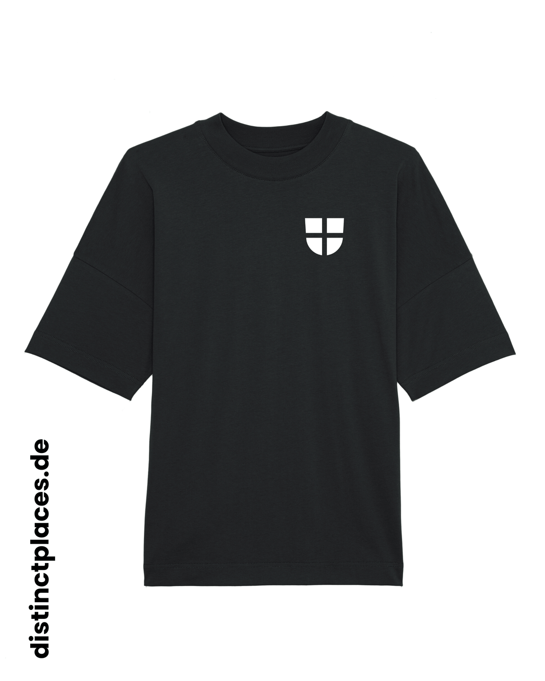 Schwarzes fairtrade, vegan und bio-baumwoll T-Shirt von vorne mit einem minimalistischem weißen Logo, beziehungsweise Wappen für Freiburg