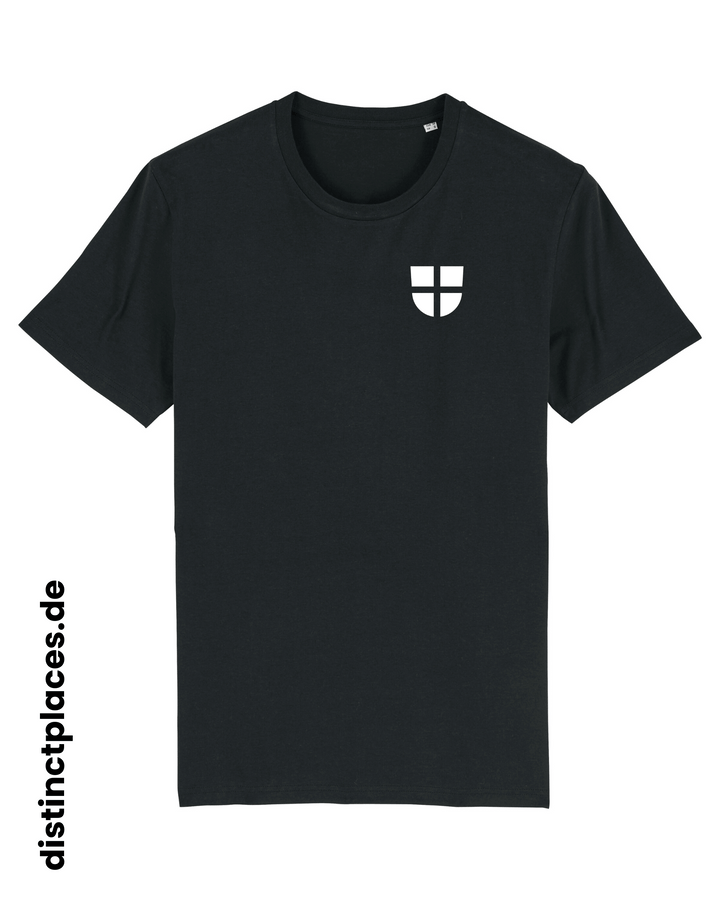 Schwarzes fairtrade, vegan und bio-baumwoll T-Shirt von vorne mit einem minimalistischem weißen Logo, beziehungsweise Wappen für Heidelberg