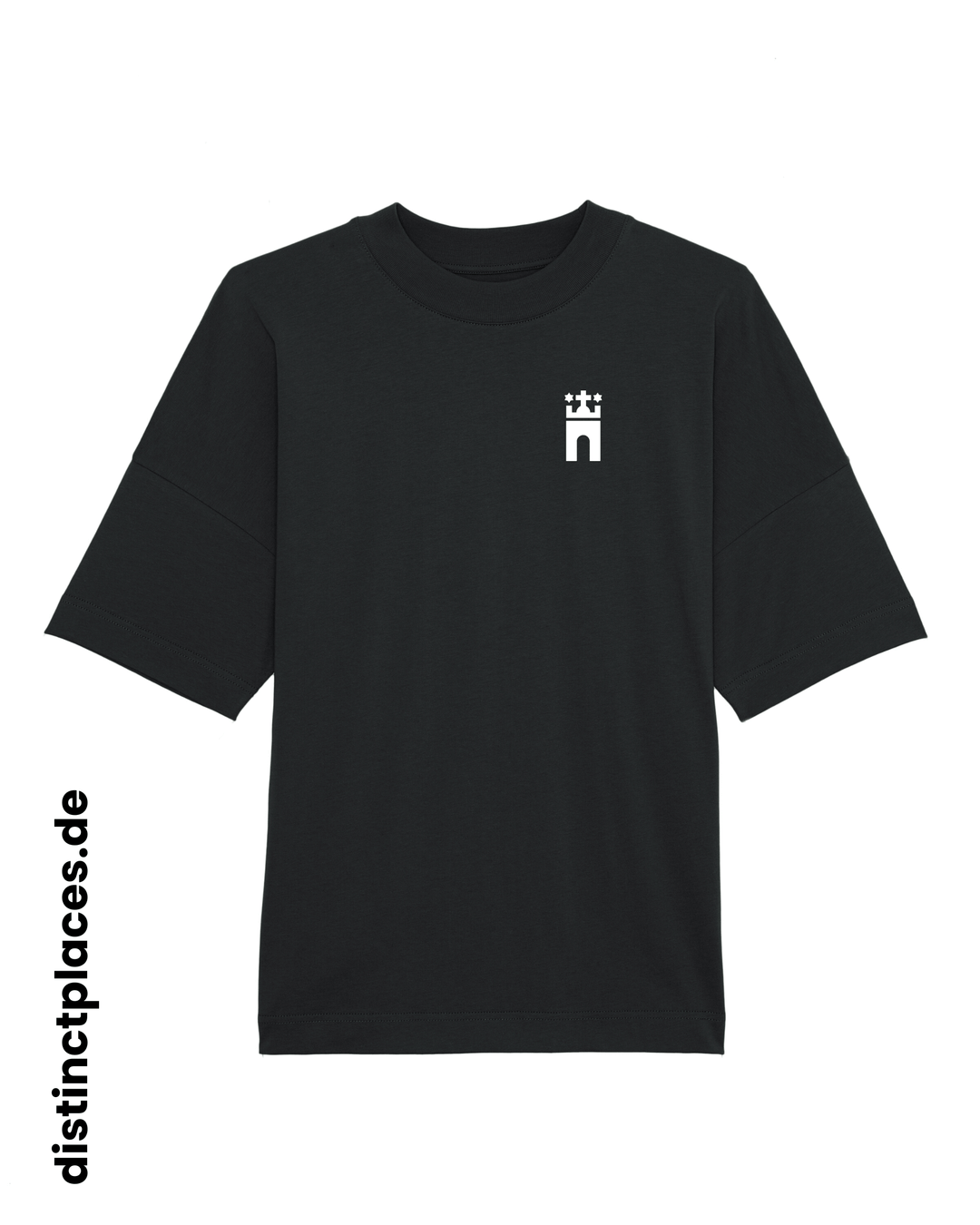 Schwarzes fairtrade, vegan und bio-baumwoll T-Shirt von vorne mit einem minimalistischem weißen Logo, beziehungsweise Wappen für Hamburg