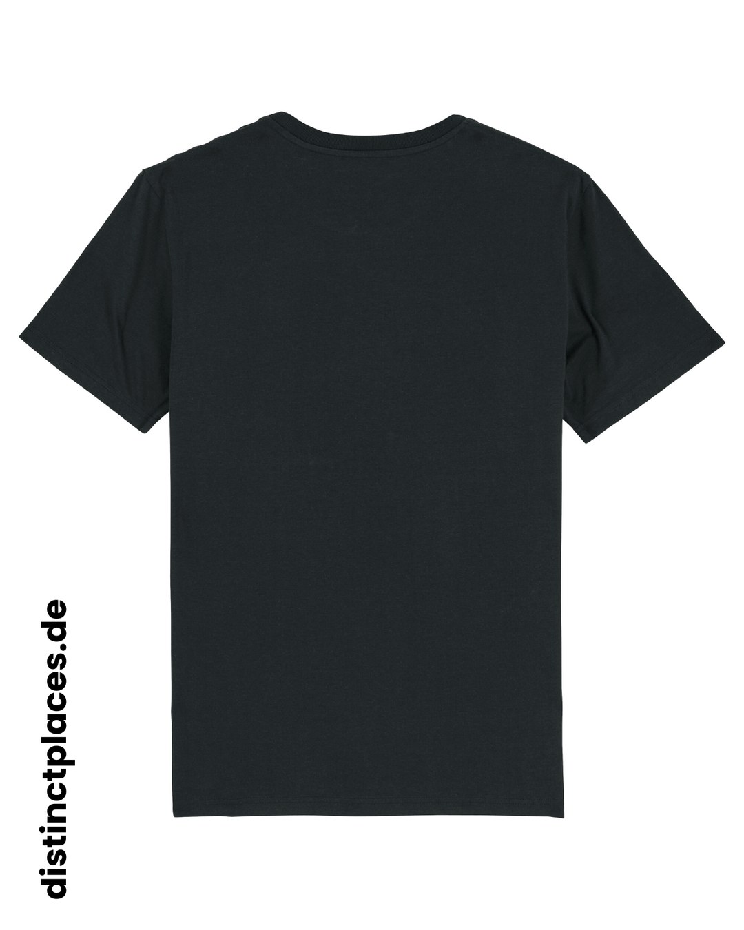 Schwarzes fairtrade, vegan und bio-baumwoll T-Shirt von hinten mit einem minimalistischem weißen Logo, beziehungsweise Wappen für Hessen