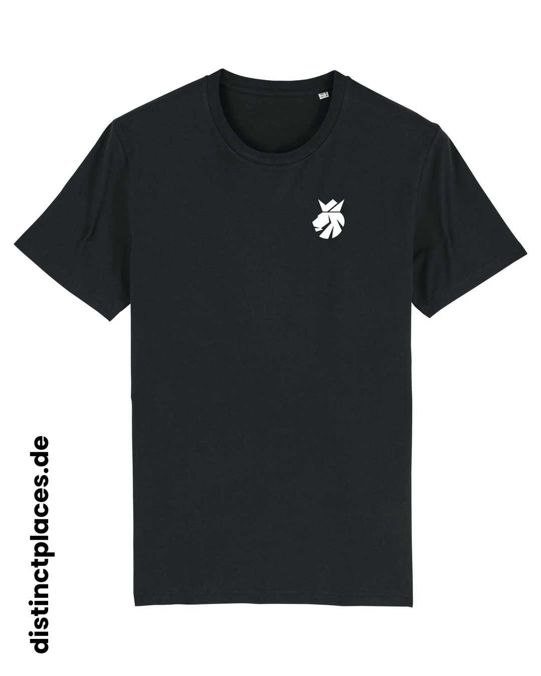 Schwarzes fairtrade, vegan und bio-baumwoll T-Shirt von vorne mit einem minimalistischem weißen Logo, beziehungsweise Wappen für Hessen