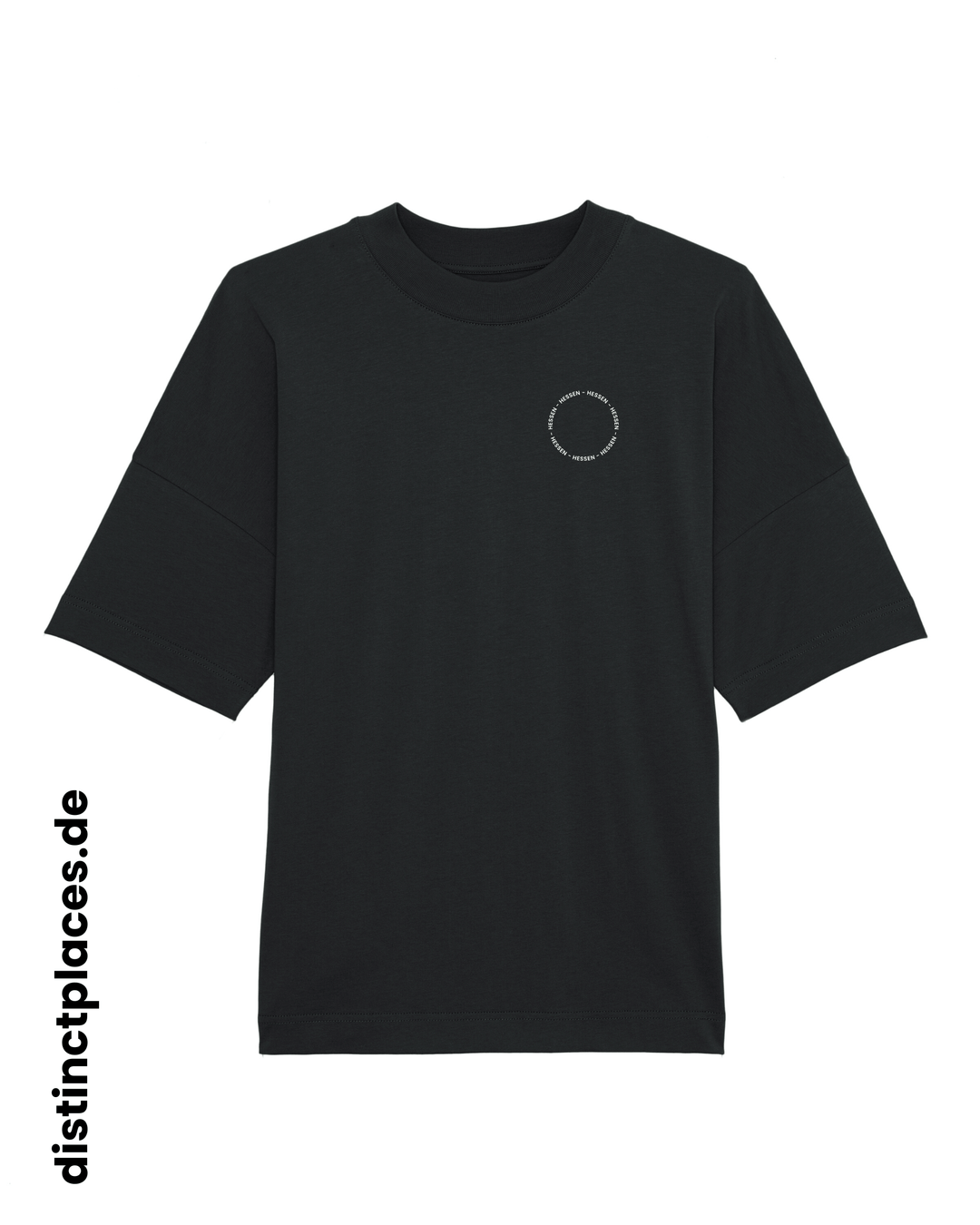 Schwarzes fairtrade, vegan und bio-baumwoll T-Shirt von vorne mit einem minimalistischem weißen Logo, beziehungsweise Schriftzug für Hessen