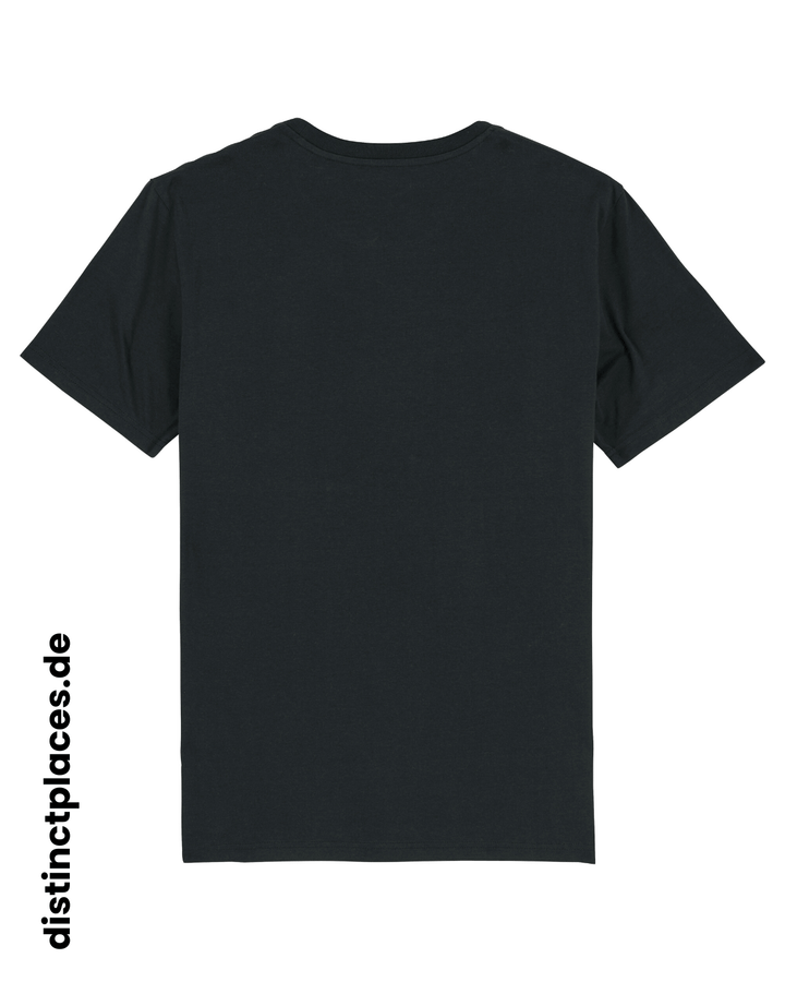 Schwarzes fairtrade, vegan und bio-baumwoll T-Shirt von hinten mit einem minimalistischem weißen Logo, beziehungsweise Schriftzug für Hessen
