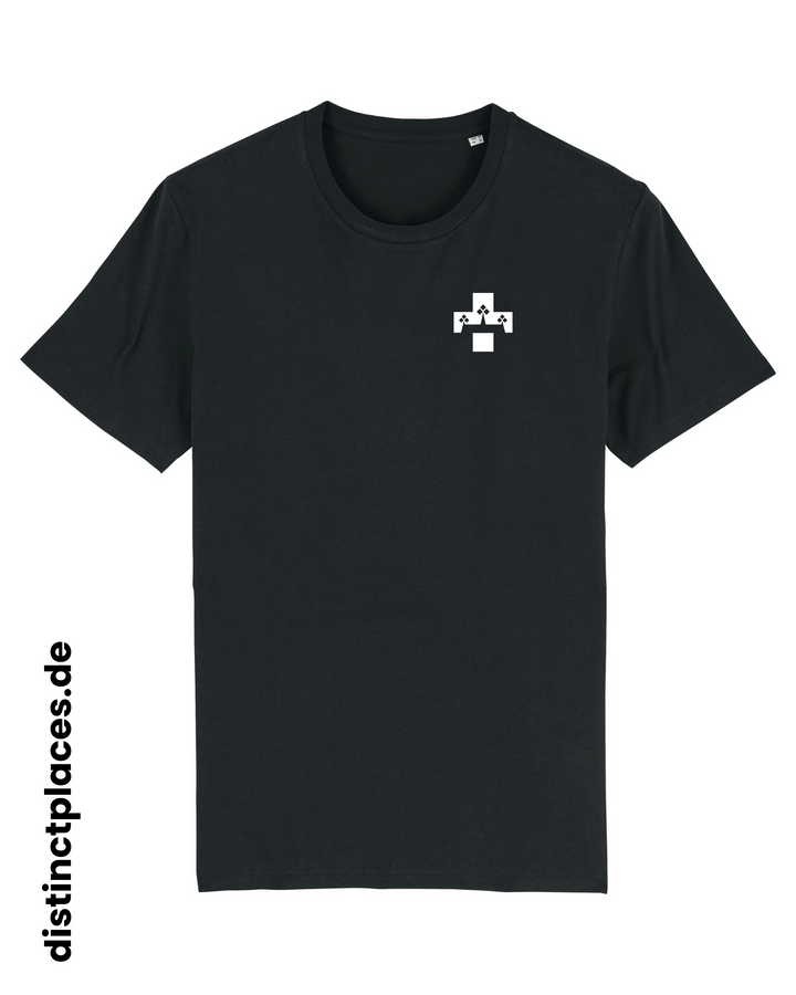 Schwarzes fairtrade, vegan und bio-baumwoll T-Shirt von vorne mit einem minimalistischem weißen Logo, beziehungsweise Wappen für Koblenz