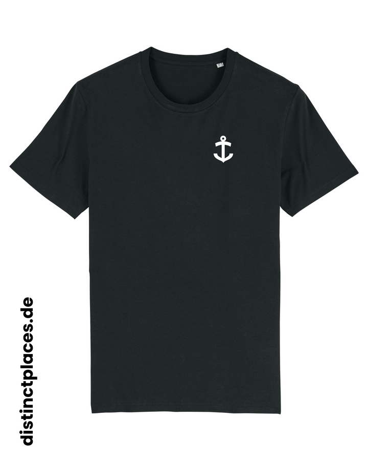 Schwarzes fairtrade, vegan und bio-baumwoll T-Shirt von vorne mit einem minimalistischem weißen Logo, beziehungsweise Wappen für Ludwigshafen