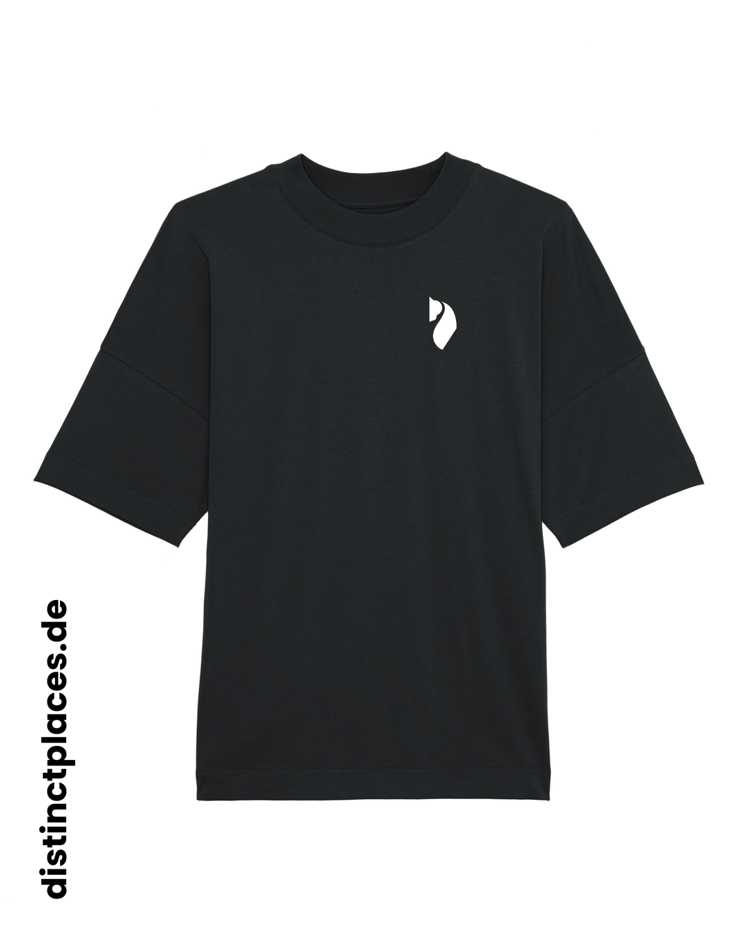 Schwarzes fairtrade, vegan und bio-baumwoll T-Shirt von vorne mit einem minimalistischem weißen Logo, beziehungsweise Wappen für Niedersachsen