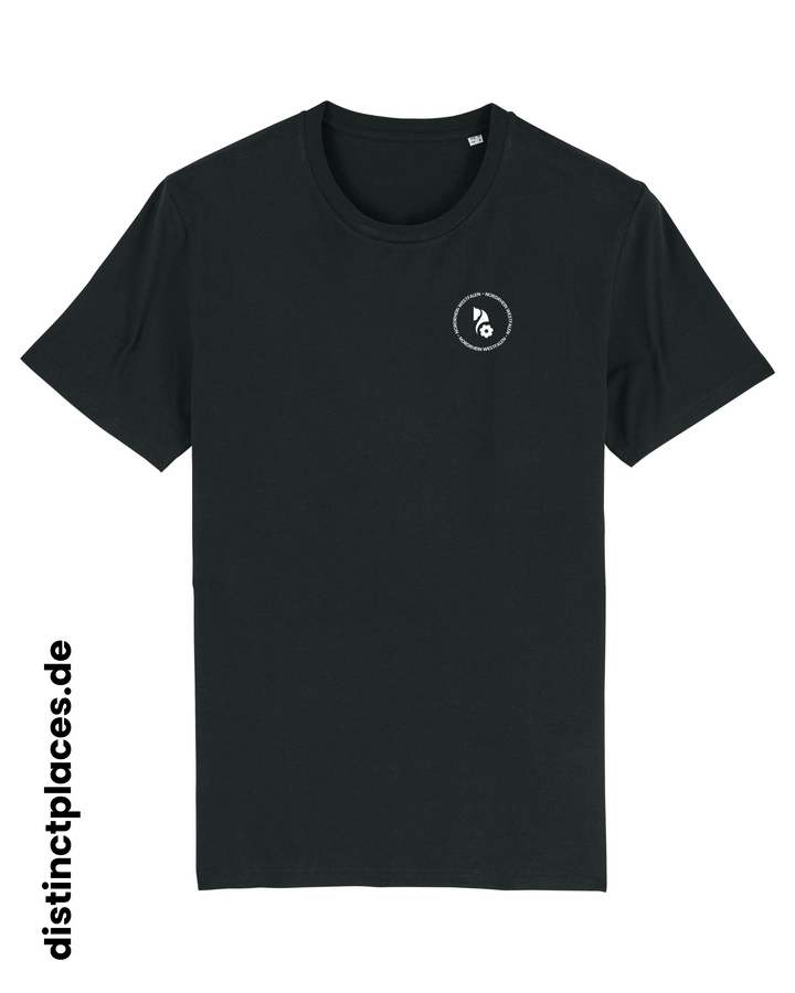 Schwarzes fairtrade, vegan und bio-baumwoll T-Shirt von vorne mit einem minimalistischem weißen Logo, beziehungsweise Wappen und Schriftzug für Nordrhein-Westfalen