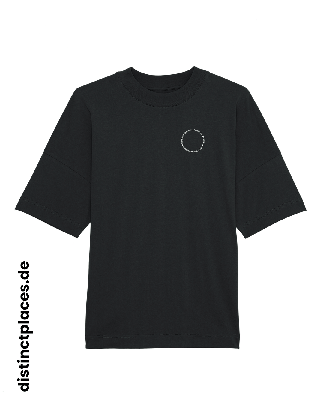 Schwarzes fairtrade, vegan und bio-baumwoll T-Shirt von vorne mit einem minimalistischem weißen Logo, beziehungsweise Schriftzug für Nordrhein-Westfalen