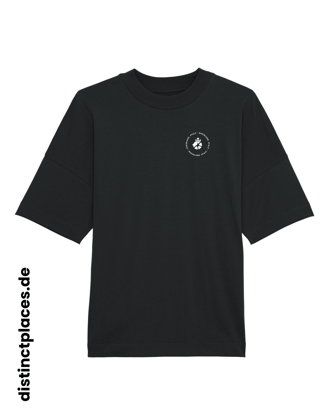 Schwarzes fairtrade, vegan und bio-baumwoll T-Shirt von vorne mit einem minimalistischem weißen Logo, beziehungsweise Wappen und Schriftzug für Rheinland-Pfalz