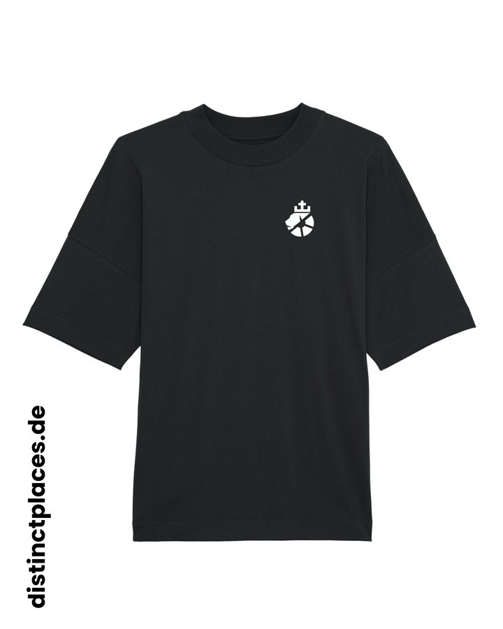Schwarzes fairtrade, vegan und bio-baumwoll T-Shirt von vorne mit einem minimalistischem weißen Logo, beziehungsweise Wappen für Rheinland-Pfalz