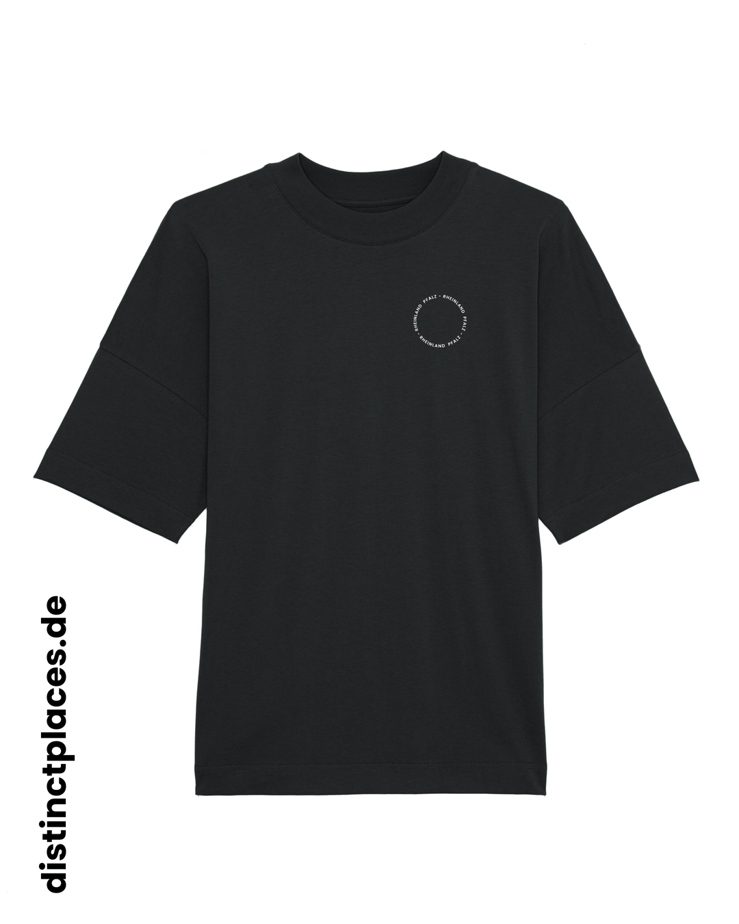 Schwarzes fairtrade, vegan und bio-baumwoll T-Shirt von vorne mit einem minimalistischem weißen Logo, beziehungsweise Schriftzug für Rheinland-Pfalz