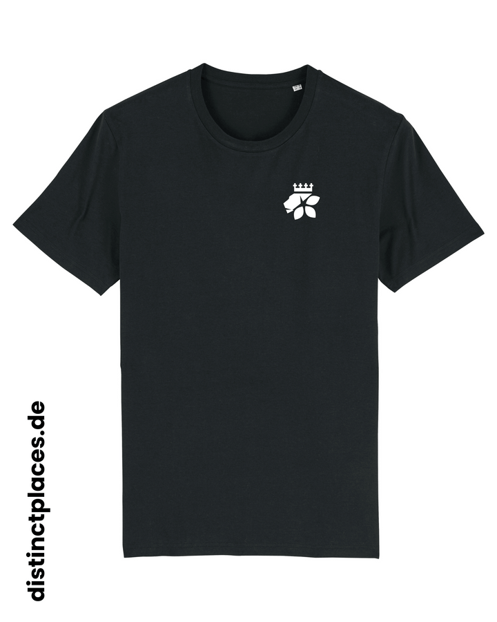 Schwarzes fairtrade, vegan und bio-baumwoll T-Shirt von vorne mit einem minimalistischem weißen Logo, beziehungsweise Wappen für Saarbrücken