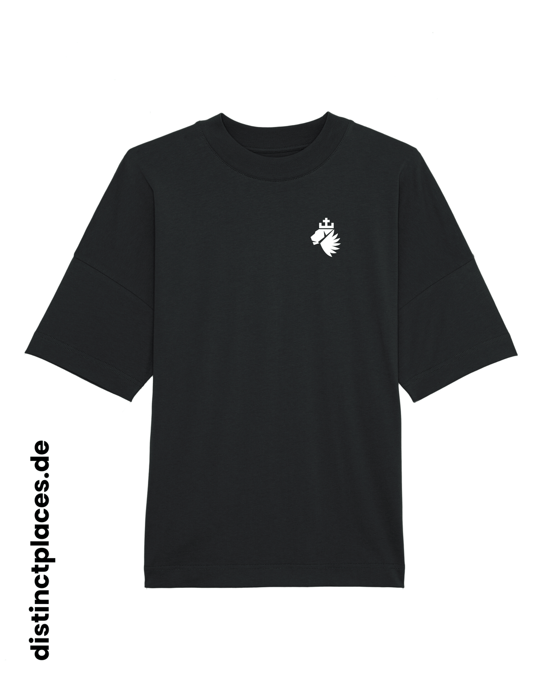 Schwarzes fairtrade, vegan und bio-baumwoll T-Shirt von vorne mit einem minimalistischem weißen Logo, beziehungsweise Wappen für Saarland