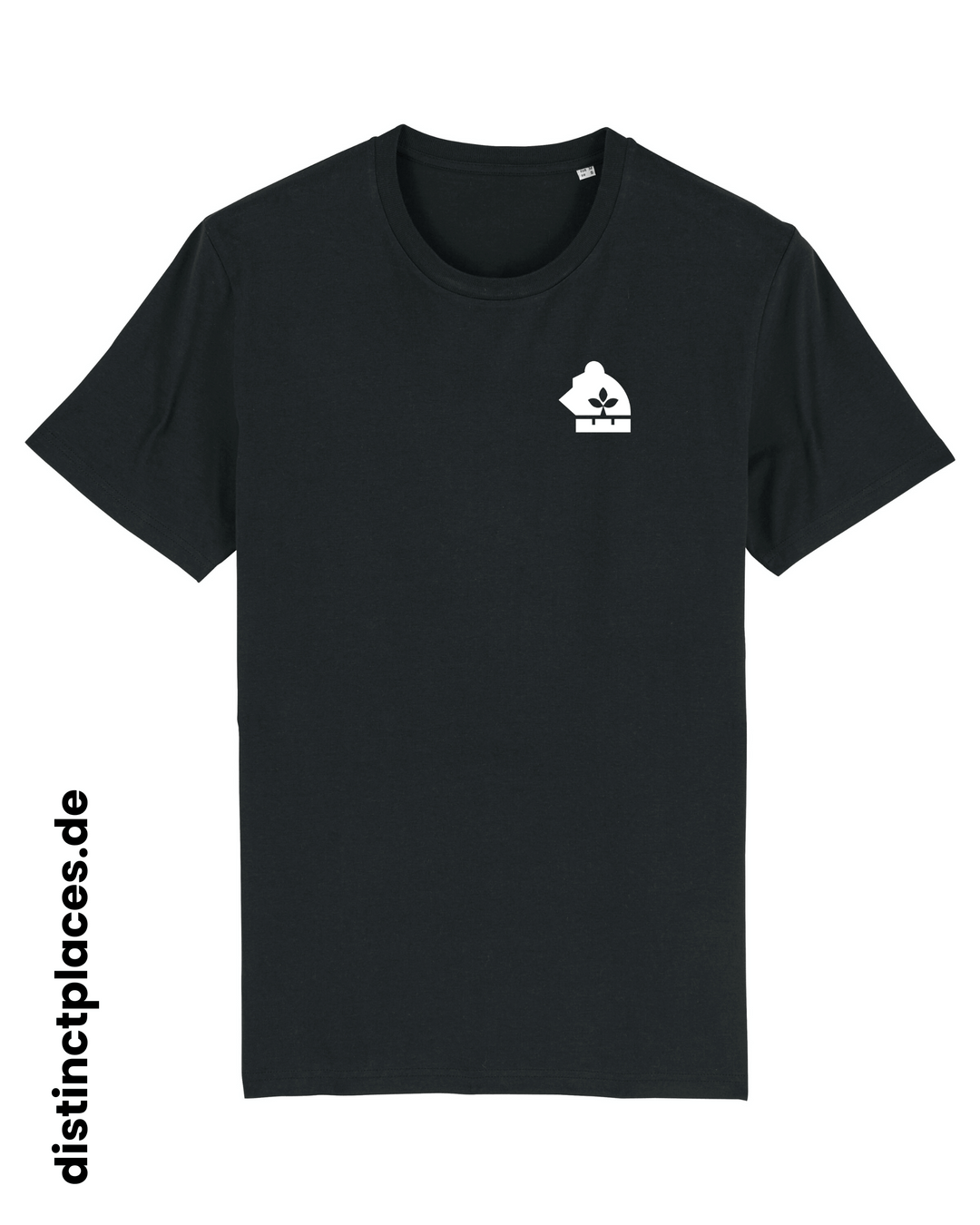 Schwarzes fairtrade, vegan und bio-baumwoll T-Shirt von vorne mit einem minimalistischem weißen Logo, beziehungsweise Wappen für Sachsen-Anhalt