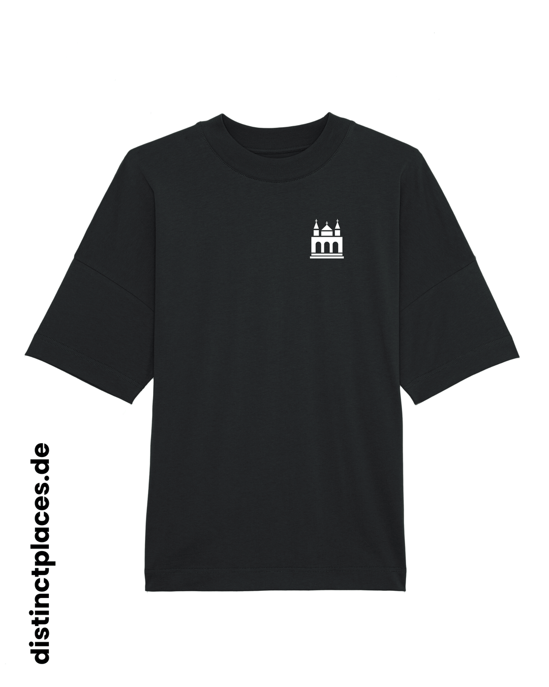 Schwarzes fairtrade, vegan und bio-baumwoll T-Shirt von vorne mit einem minimalistischem weißen Logo, beziehungsweise Wappen für Speyer