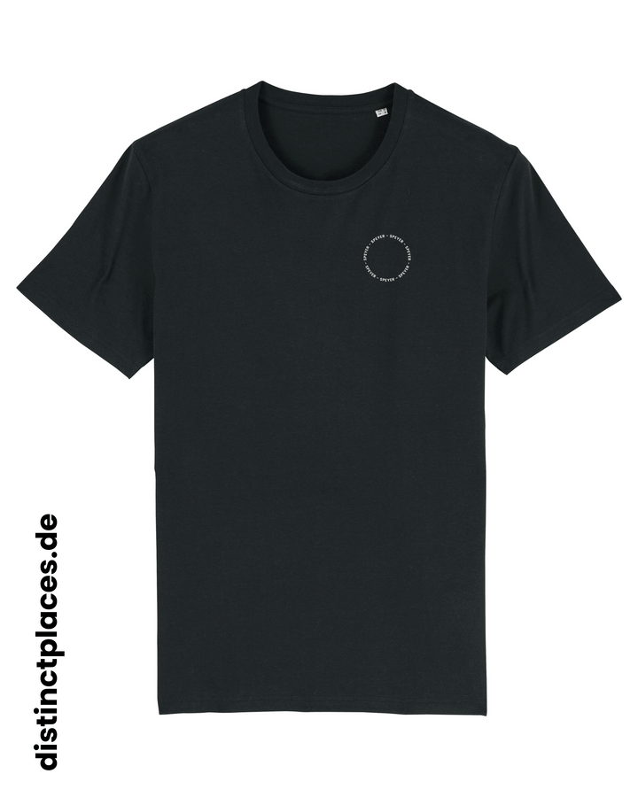 Schwarzes fairtrade, vegan und bio-baumwoll T-Shirt von vorne mit einem minimalistischem weißen Logo, beziehungsweise Schriftzug für Speyer