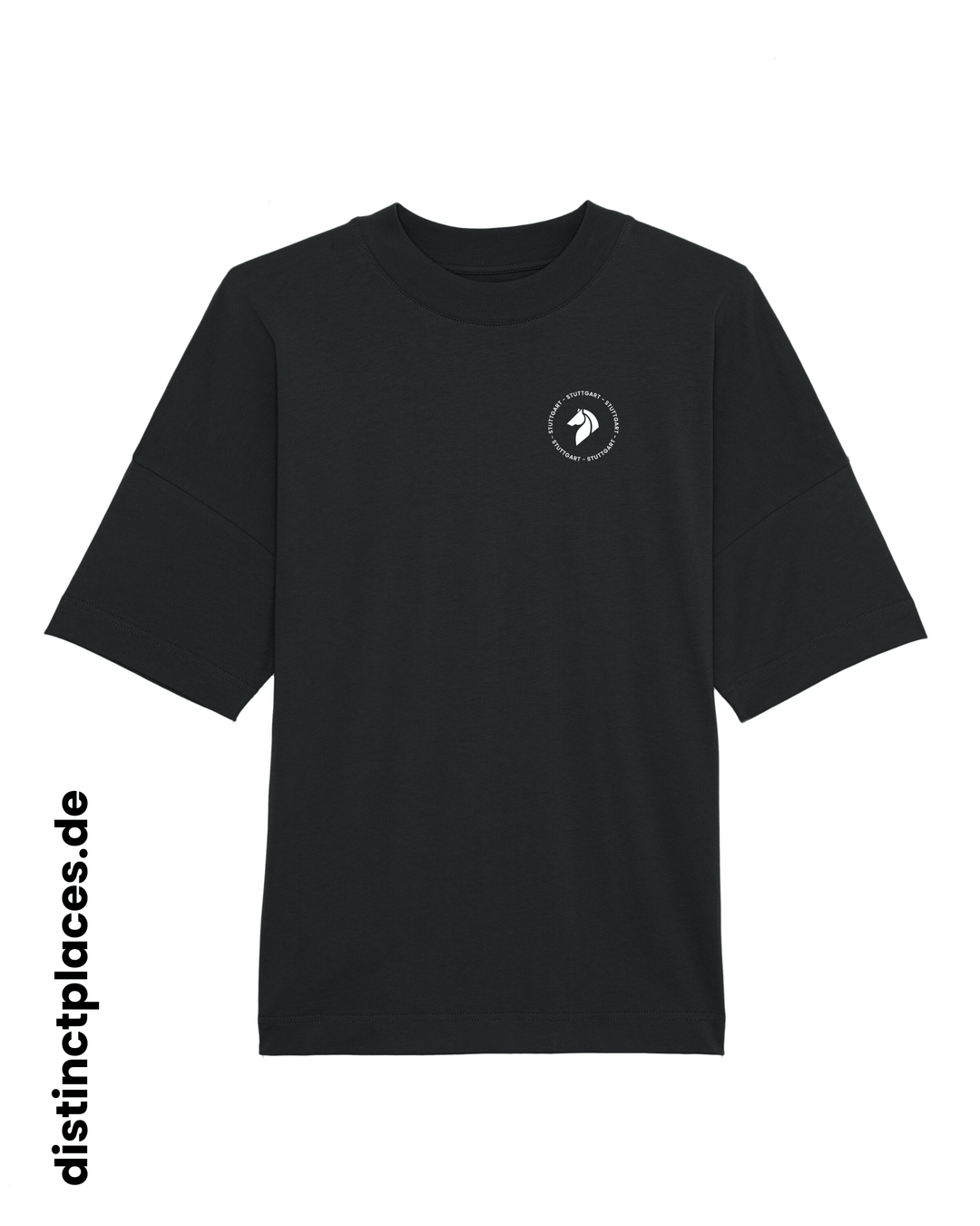 Schwarzes fairtrade, vegan und bio-baumwoll T-Shirt von vorne mit einem minimalistischem weißen Logo, beziehungsweise Wappen und Schriftzug für Stuttgart