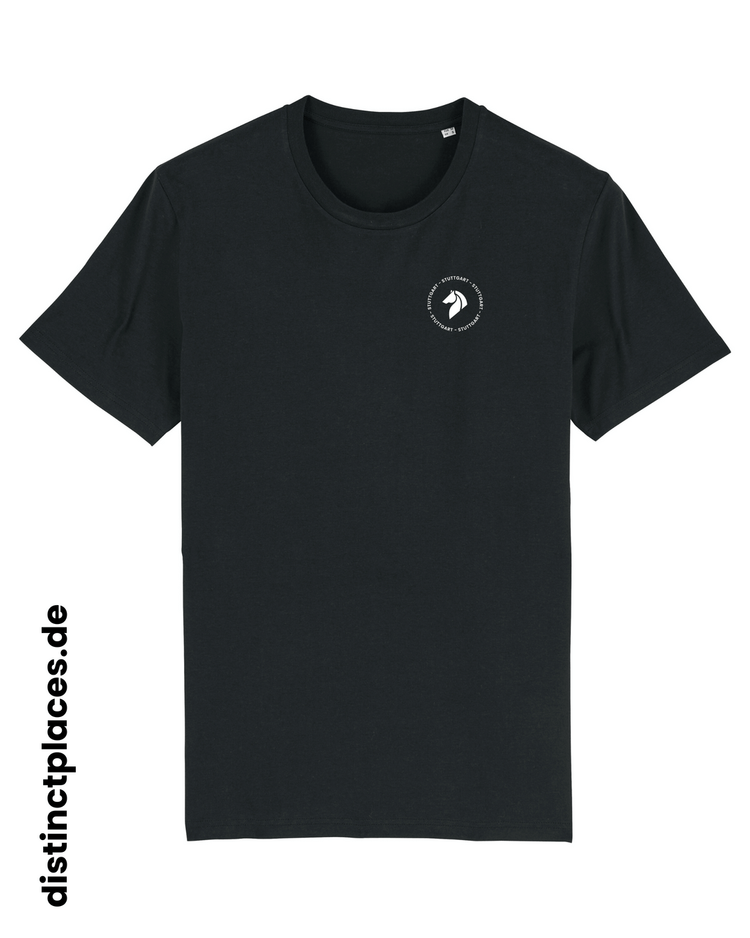 Schwarzes fairtrade, vegan und bio-baumwoll T-Shirt von vorne mit einem minimalistischem weißen Logo, beziehungsweise Wappen und Schriftzug für Stuttgart