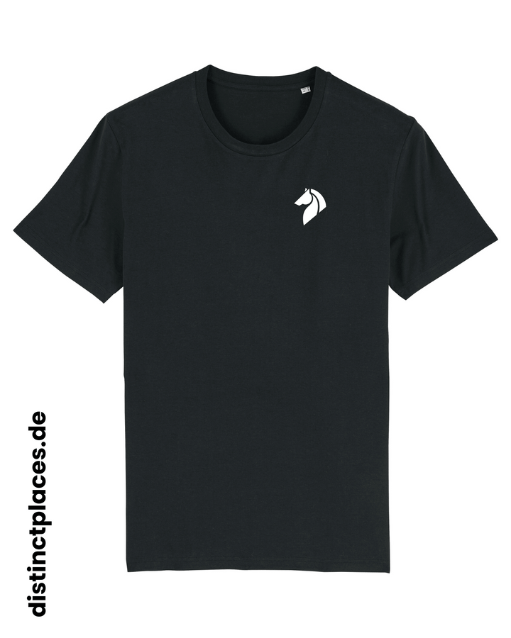 Schwarzes fairtrade, vegan und bio-baumwoll T-Shirt von vorne mit einem minimalistischem weißen Logo, beziehungsweise Wappen für Stuttgart