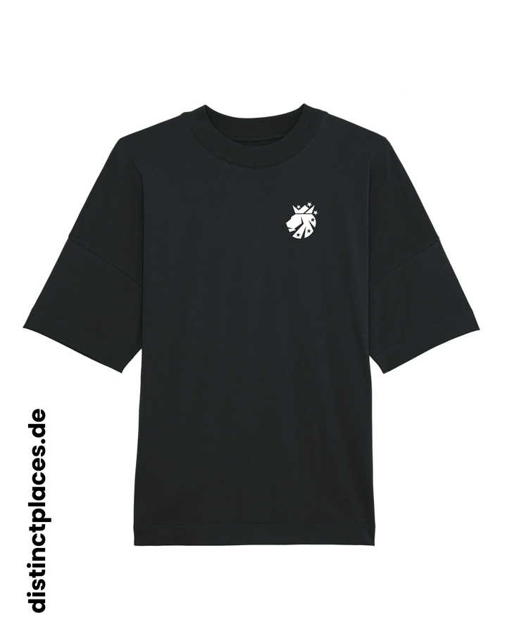 Schwarzes fairtrade, vegan und bio-baumwoll T-Shirt von vorne mit einem minimalistischem weißen Logo, beziehungsweise Wappen für Thueringen
