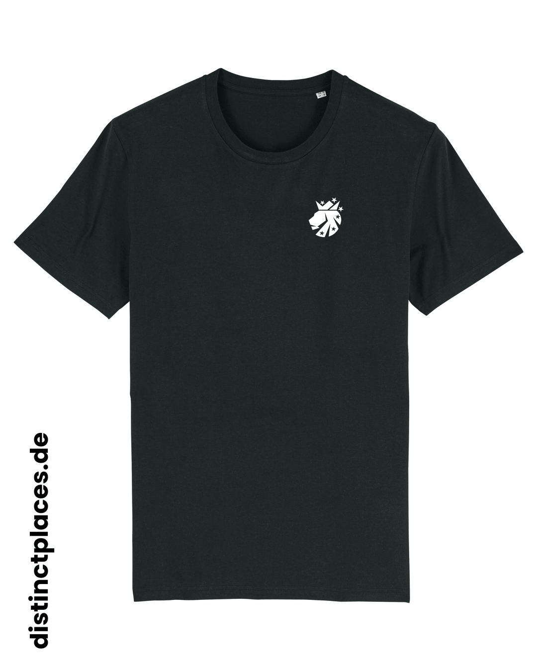 Schwarzes fairtrade, vegan und bio-baumwoll T-Shirt von vorne mit einem minimalistischem weißen Logo, beziehungsweise Wappen für Thueringen