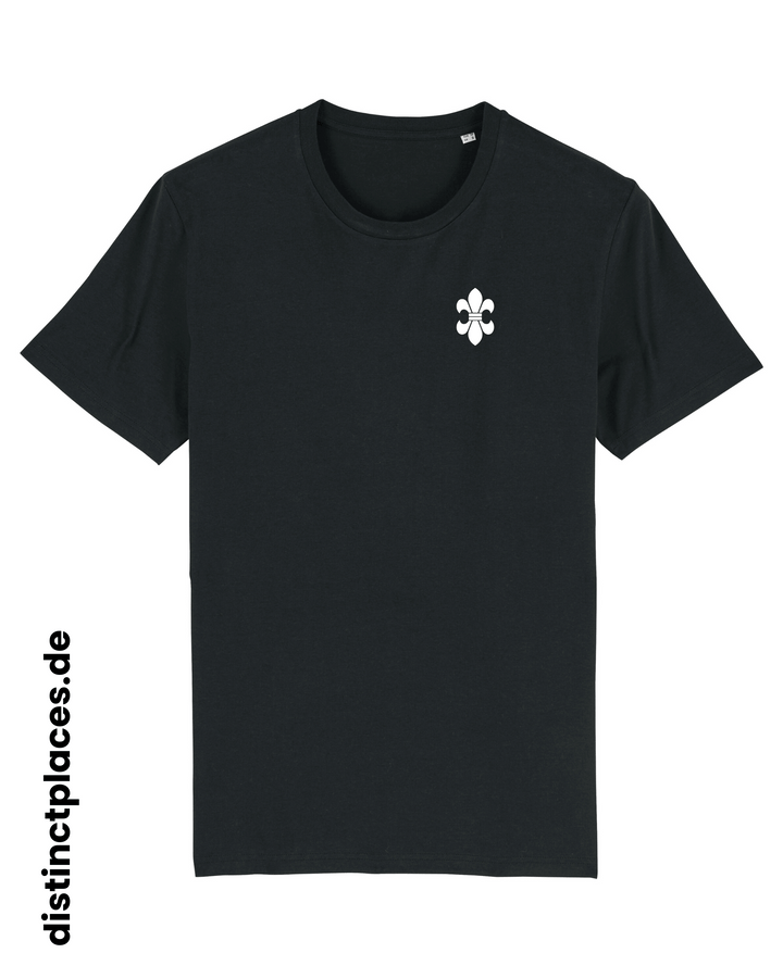 Schwarzes fairtrade, vegan und bio-baumwoll T-Shirt von vorne mit einem minimalistischem weißen Logo, beziehungsweise Wappen für Wiesbaden
